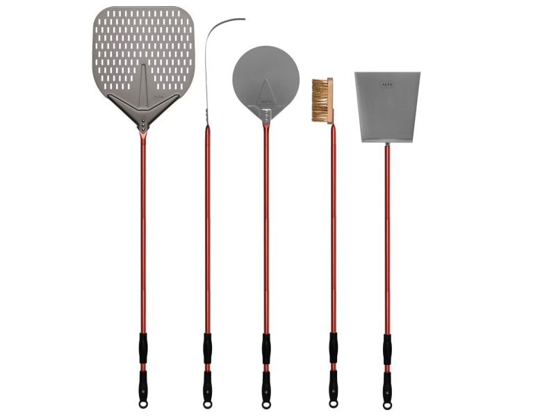 Load image into Gallery viewer, Alfa 48 inch 5 piece pizza peel set red with peel turner brush rake and shovel for wood fired pizza oven
