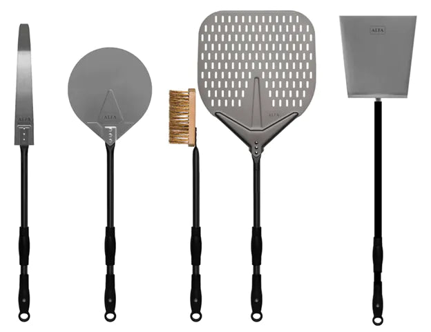 Load image into Gallery viewer, Alfa 48 inch 5 piece wood pizza peel kit with peel turner brush rake and shovel for wood fired oven
