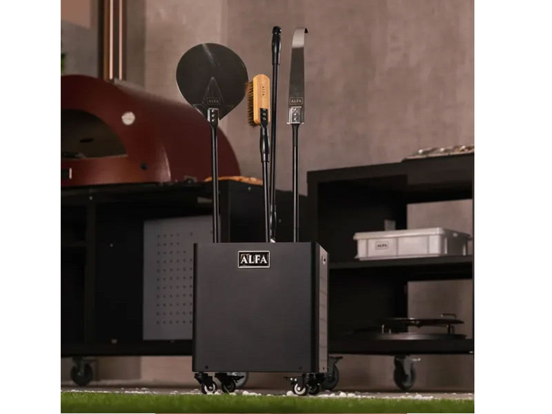 Load image into Gallery viewer, Alfa Dado Peel Holder stainless steel storage unit for pizza peels wood and accessories with wheels
