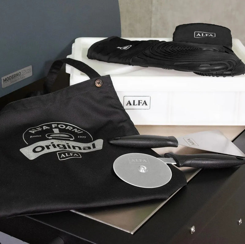 Load image into Gallery viewer, Alfa Forni Essential Pizzaiolo Kit with pizza accessories including laser thermometer, dough spatula, pizza cutter, apron, gloves, and dough box
