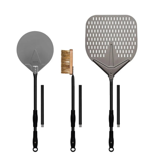 Alfa Forni Pizzaiolo Master Kit with pizza peel, thermometer, pizza cutter, dough tools, gloves, apron, and wood serving board