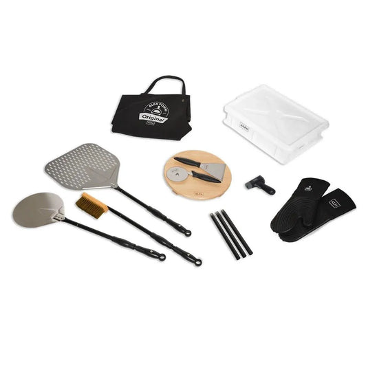 Alfa Forni Pizzaiolo Master Kit with pizza peel, thermometer, pizza cutter, dough tools, gloves, apron, and wood serving board