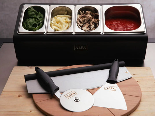 Alfa Forni topping station with 4 trays and lids pizza prep organizer for outdoor kitchen