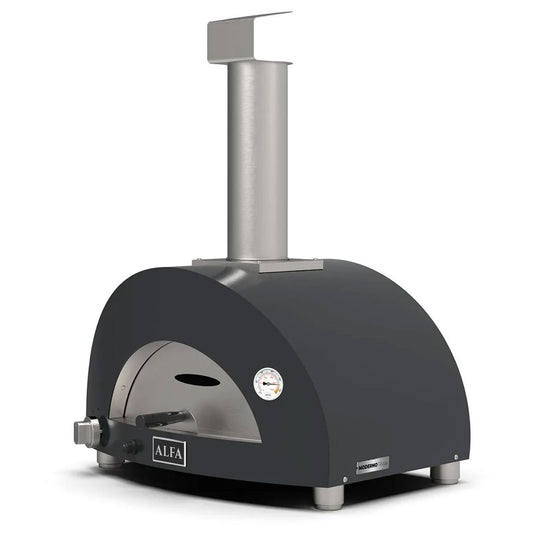 Alfa Moderno 1 gas pizza oven available in Ruby Red and Anthracite Gray for natural gas or liquid propane outdoor cooking