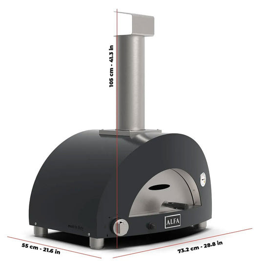 Alfa Moderno 1 gas pizza oven available in Ruby Red and Anthracite Gray for natural gas or liquid propane outdoor cooking