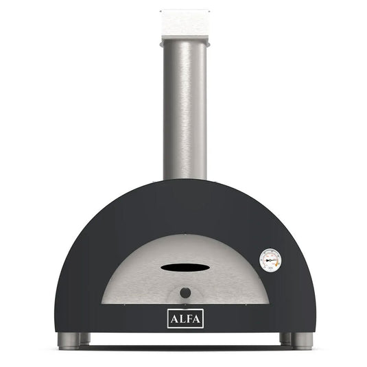 Alfa Moderno 1 gas pizza oven available in Ruby Red and Anthracite Gray for natural gas or liquid propane outdoor cooking