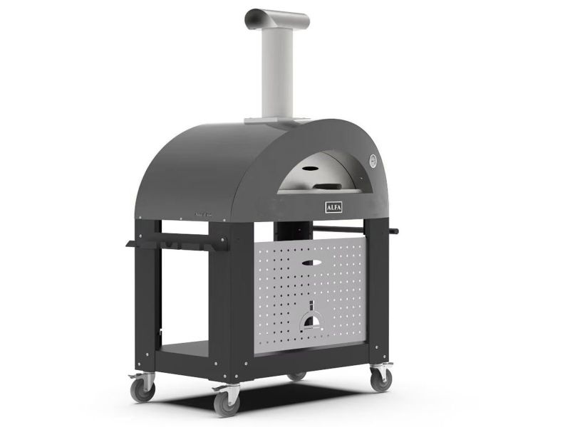 Load image into Gallery viewer, Alfa Moderno 3 Pizze wood fired pizza oven with base in anthracite grey outdoor kitchen
