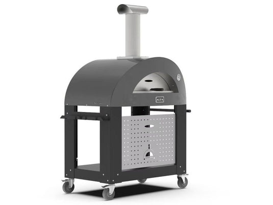 Alfa Moderno 3 Pizze wood fired pizza oven with base in anthracite grey outdoor kitchen