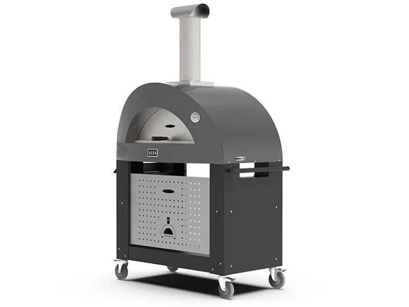 Load image into Gallery viewer, Alfa Moderno 3 Pizze wood fired pizza oven with base in anthracite grey outdoor kitchen

