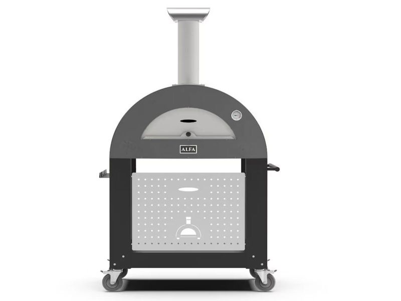 Load image into Gallery viewer, Alfa Moderno 3 Pizze wood fired pizza oven with base in anthracite grey outdoor kitchen
