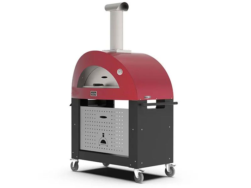 Load image into Gallery viewer, Alfa Moderno 3 Pizze wood fired pizza oven with base in ruby red outdoor oven
