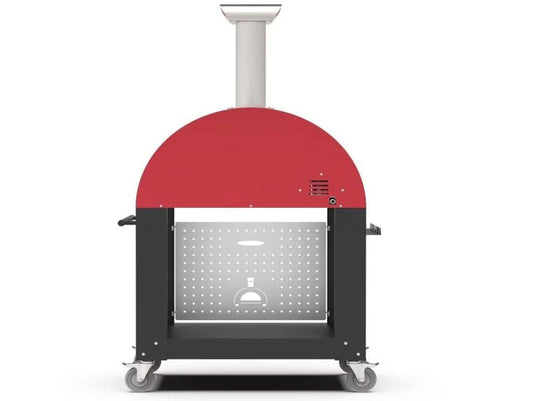 Alfa Moderno 3 Pizze wood fired pizza oven with base in ruby red outdoor oven