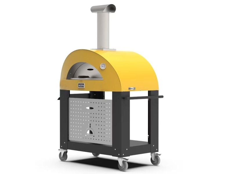 Load image into Gallery viewer, Alfa Moderno 3 Pizze wood fired pizza oven with base in fire yellow outdoor pizza oven
