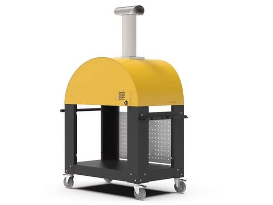 Alfa Moderno 3 Pizze wood fired pizza oven with base in fire yellow outdoor pizza oven