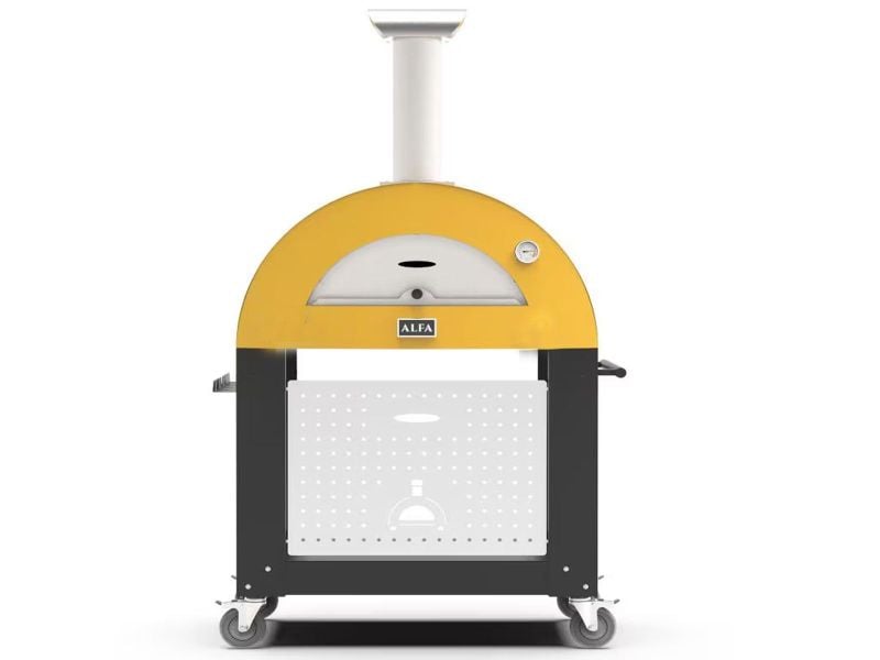 Load image into Gallery viewer, Alfa Moderno 3 Pizze wood fired pizza oven with base in fire yellow outdoor pizza oven
