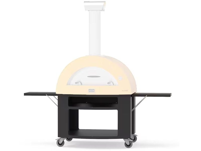 Load image into Gallery viewer, Alfa Oven Base for 5 Pizze in black with locking caster wheels retractable shelves and storage compartment
