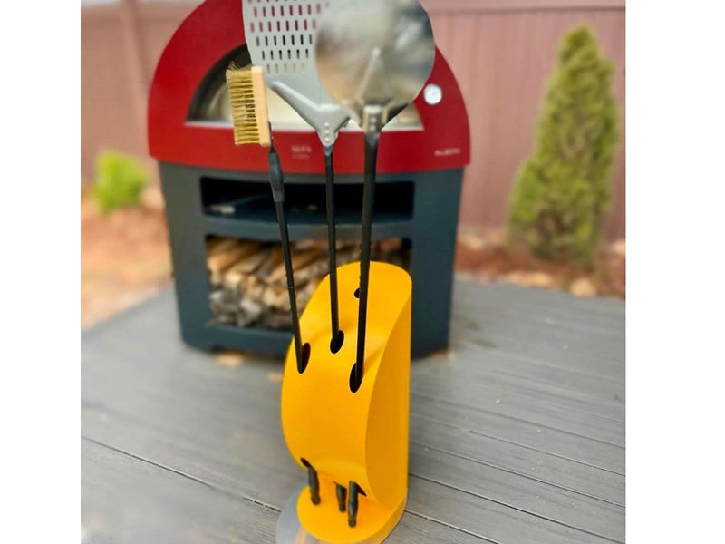 Load image into Gallery viewer, Alfa Vela Pizza Peel Holder in imperial yellow stainless steel design for indoor and outdoor pizza peel storage solution
