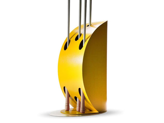 Alfa Vela Pizza Peel Holder in imperial yellow stainless steel design for indoor and outdoor pizza peel storage solution