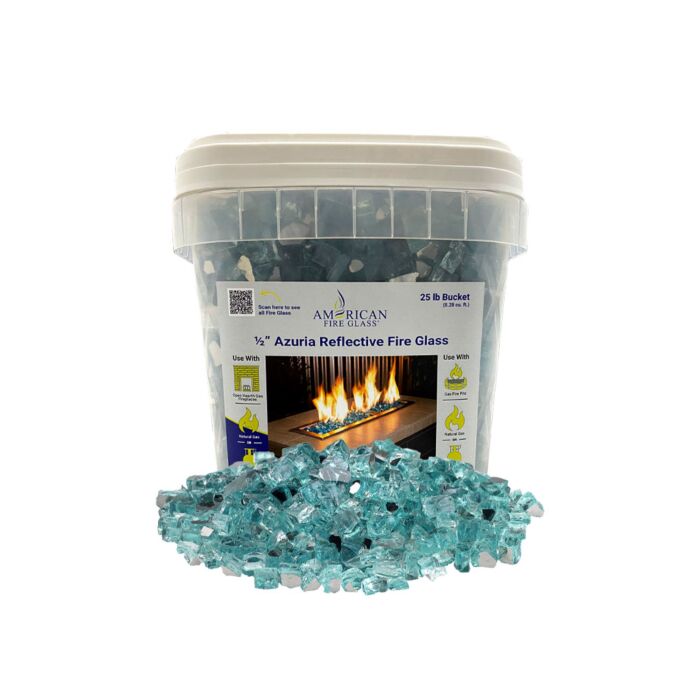 American Fire Glass 1/2" Azuria Reflective Fire Glass 25 lb bucket showing blue reflective tempered fire glass for fire pits and fireplaces indoors and outdoors