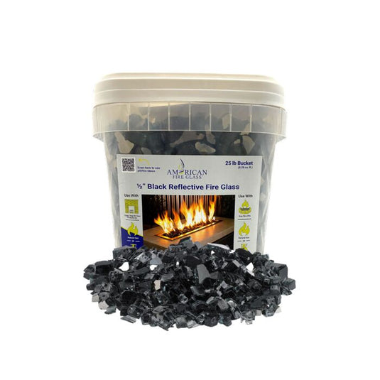 American Fire Glass 1/2 inch Black Reflective Fire Glass 25 lb bucket with jet black tempered glass for modern fire pits and fireplaces with reflective finish