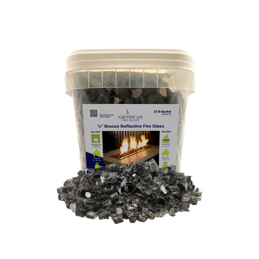 American Fire Glass 1/2 inch Bronze Reflective Fire Glass 25 lb bucket with warm bronze tempered glass for fire pits fireplaces and outdoor fire features with reflective finish