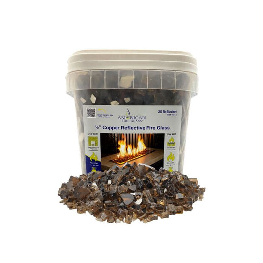 American Fire Glass 1/2 inch Copper Reflective Fire Glass 25 lb bucket with warm amber tempered glass for fire pits fireplaces and outdoor fire features with mirror reflective finish