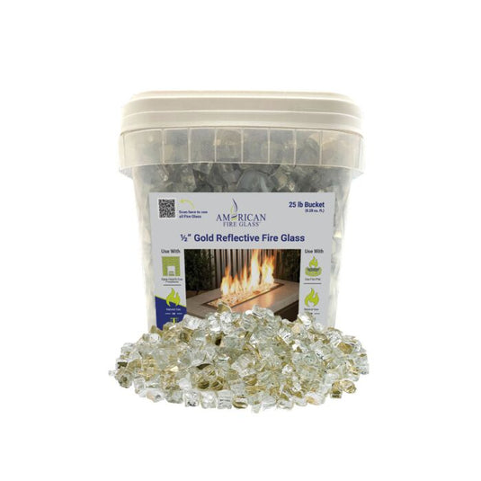 American Fire Glass 1/2 inch Gold Reflective Fire Glass 25 lb bucket with champagne gold tempered glass for fire pits fireplaces and luxury outdoor fire features with mirror reflective finish