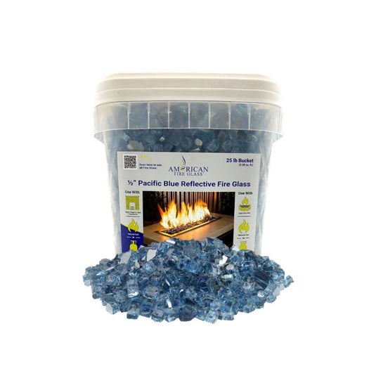 American Fire Glass 1/2 inch Pacific Blue Reflective Fire Glass 25 lb bucket with deep ocean blue tempered glass for fire pits fireplaces and modern outdoor fire features with mirror reflective finish