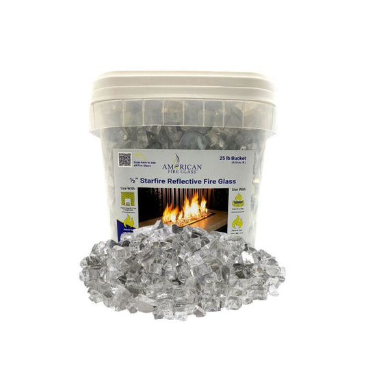 American Fire Glass 1/2 inch StarFire Reflective Fire Glass 25 lb bucket with clear tempered glass for modern fire pits fireplaces and outdoor fire features with mirror reflective finish