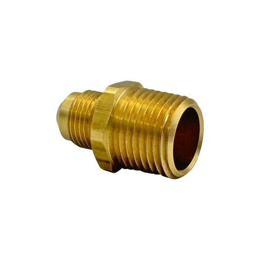 American Fire Products 1/2 inch flare x 1/2 inch MIP steel connector tapped 3/8 inch FIP fitting