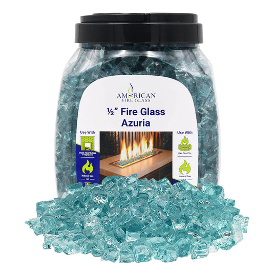 American Fire Products 10 lbs jar of 1/2 inch Azuria Fire Glass made from durable tempered decorative glass for fireplaces and fire pits