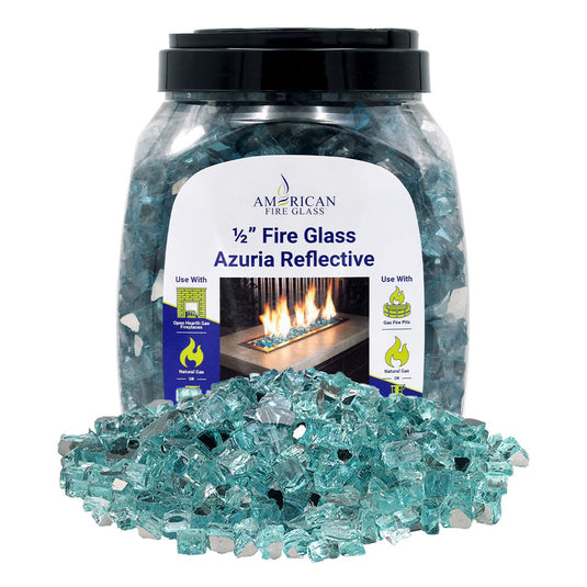 American Fire Products 1/2 inch Azuria reflective fire glass 10 pound jar packaging for fireplaces and fire pits