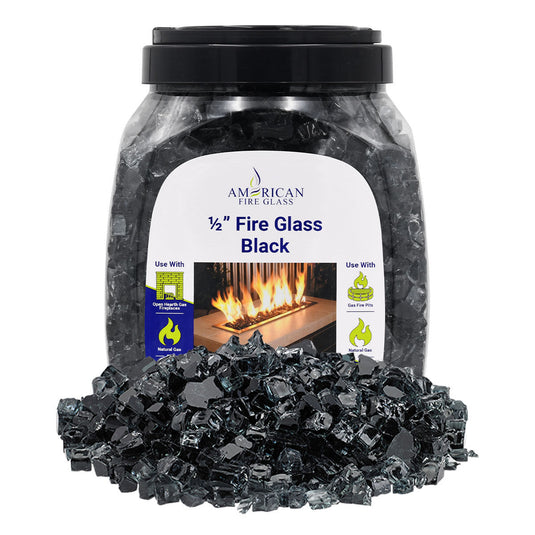 American Fire Products 10 lbs jar of 1/2 inch Black Fire Glass made from durable tempered decorative glass for fireplaces and fire pits