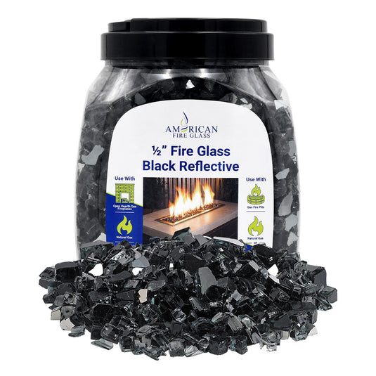 American Fire Products 1/2 inch Black reflective fire glass 10 pound jar packaging for fireplaces and fire pits