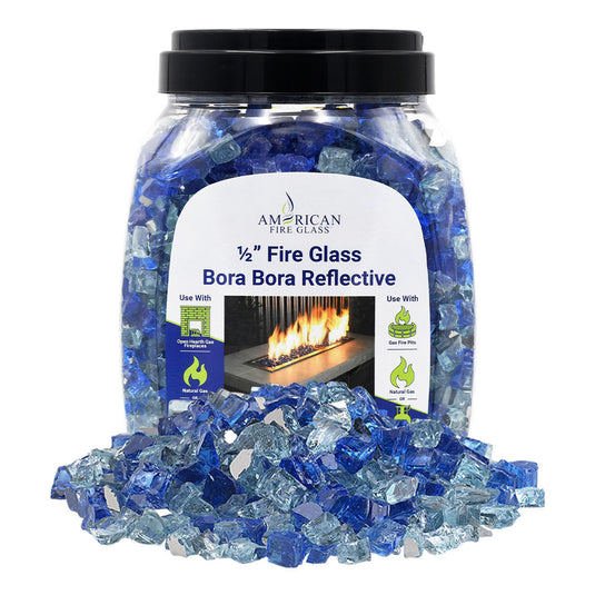 American Fire Products 10 lbs jar of 1/2 inch Bora Bora Reflective Fire Glass made from durable tempered decorative glass for fireplaces and fire pits