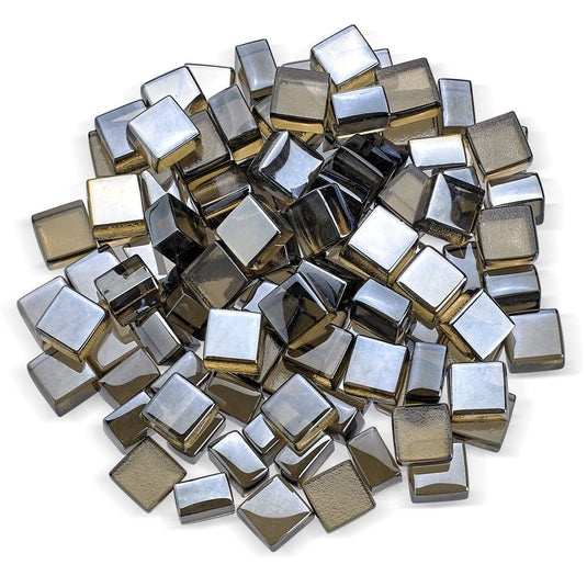 American Fire Products 1/2 inch Bronze Luster 2.0 Fire Glass Cubes creating a sparkling crystal-like flame reflection in a modern fire pit