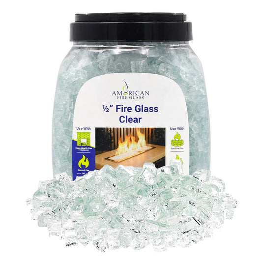American Fire Products 10 lbs jar of 1/2 inch Clear Fire Glass made from durable tempered decorative glass for fireplaces and fire pits