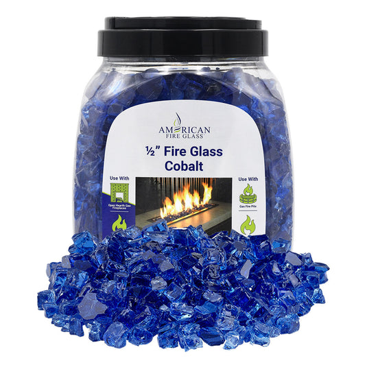 American Fire Products 10 lbs jar of 1/2 inch Cobalt Fire Glass made from durable tempered decorative glass for fireplaces and fire pits