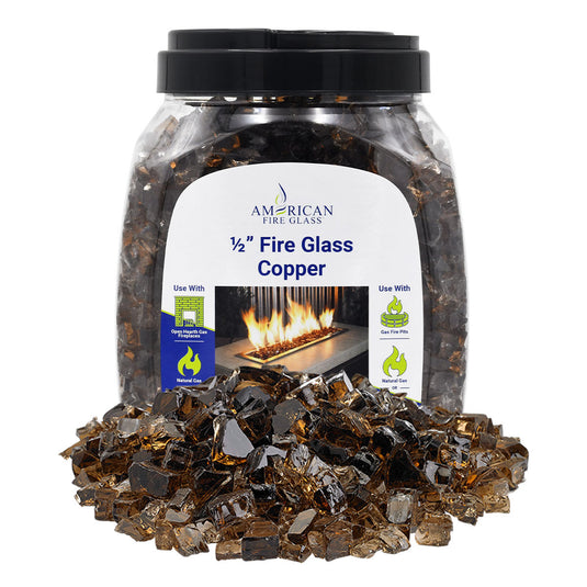 American Fire Products 10 lbs jar of 1/2 inch Copper Fire Glass made from durable tempered decorative glass for fireplaces and fire pits