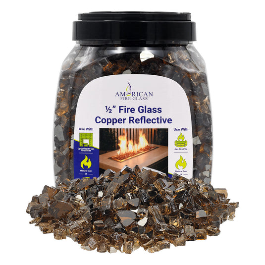 American Fire Products 1/2 inch Copper reflective fire glass 10 pound jar packaging for fireplaces and fire pits