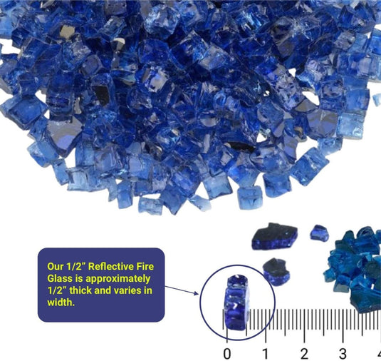 Size specification image showing American Fire Products 1/2 inch fire glass dimensions with approximately 1/2 inch thickness and varying widths.
