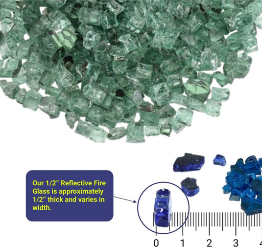Size specification image showing American Fire Products 1/2 inch fire glass dimensions with approximately 1/2 inch thickness and varying widths.