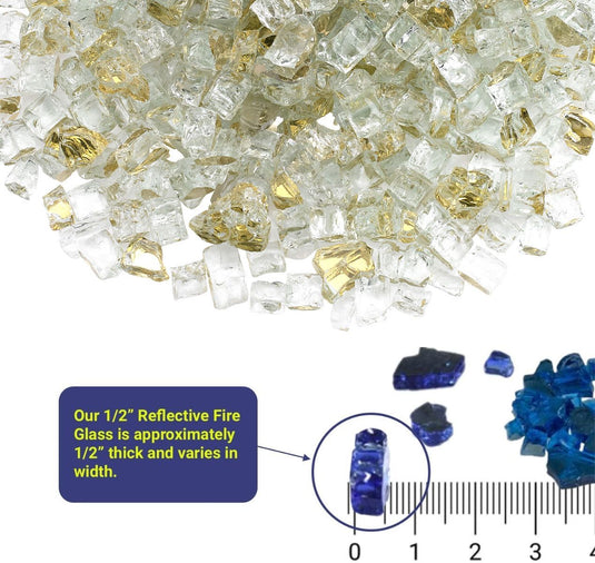 Size specification image showing American Fire Products 1/2 inch fire glass dimensions with approximately 1/2 inch thickness and varying widths.