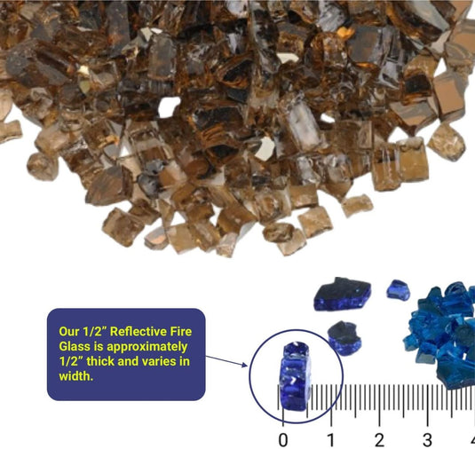 Size specification image showing American Fire Products 1/2 inch fire glass dimensions with approximately 1/2 inch thickness and varying widths.
