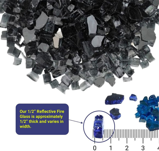 Size specification image showing American Fire Products 1/2 inch fire glass dimensions with approximately 1/2 inch thickness and varying widths.