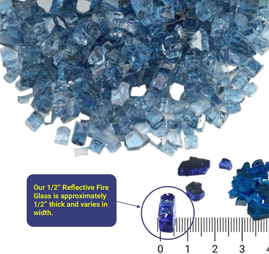 Size specification image showing American Fire Products 1/2 inch fire glass dimensions with approximately 1/2 inch thickness and varying widths.