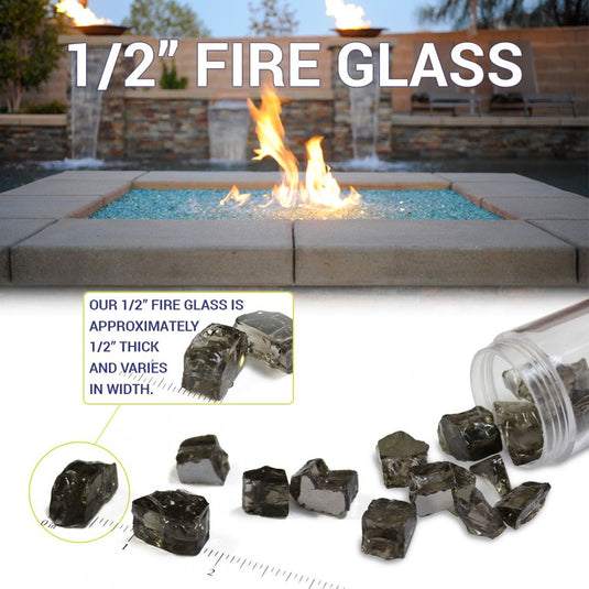 Size specification image showing American Fire Products 1/2 inch fire glass dimensions with approximately 1/2 inch thickness and varying widths.