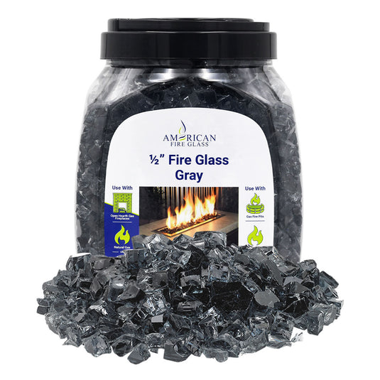 American Fire Products 10 lbs jar of 1/2 inch Gray Fire Glass made from durable tempered decorative glass for fireplaces and fire pits