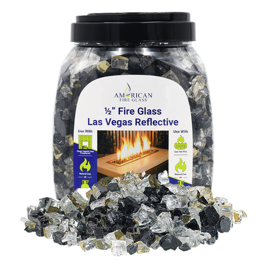 American Fire Products 10 lbs jar of 1/2 inch Las Vegas Reflective Fire Glass made from durable tempered decorative glass for fireplaces and fire pits