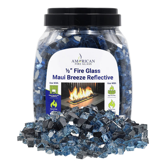 American Fire Products 10 lbs jar of 1/2 inch Maui Breeze Reflective Fire Glass made from durable tempered decorative glass for fireplaces and fire pits